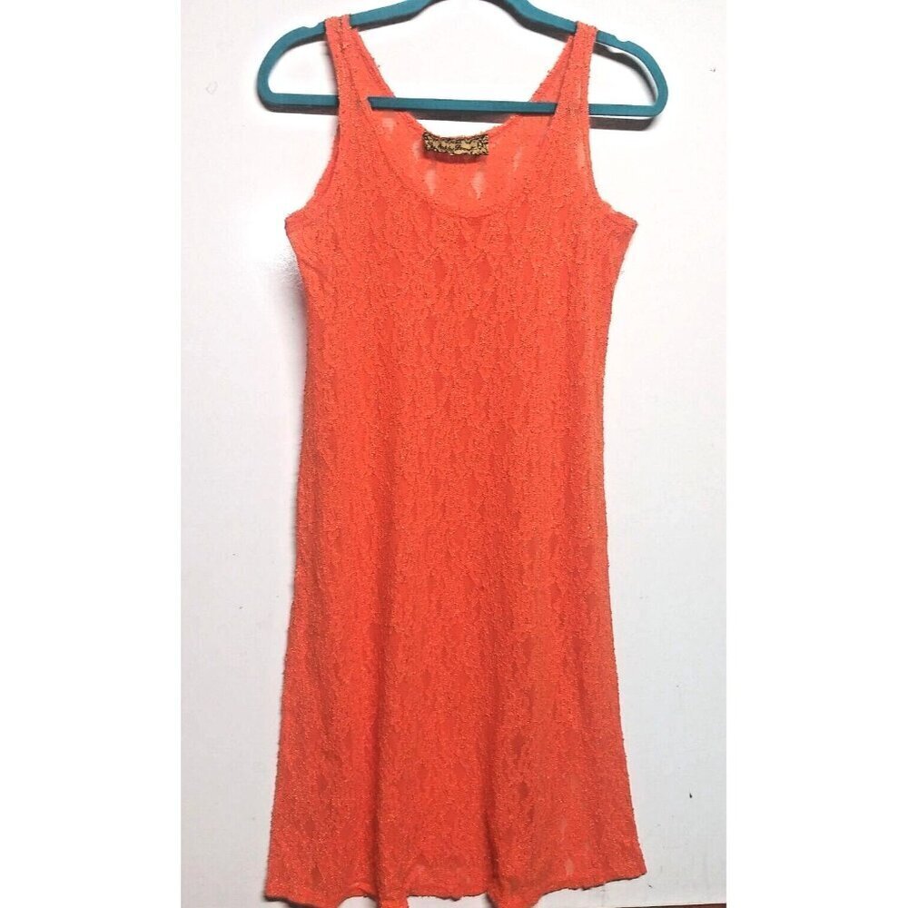 Ashley Stewart lace dress CORAL orange Sz L sleeveless textured flare stretch
